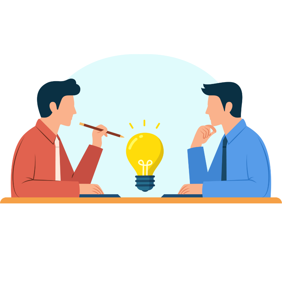 Two consultants reviewing a strategy together with a lightbulb between them