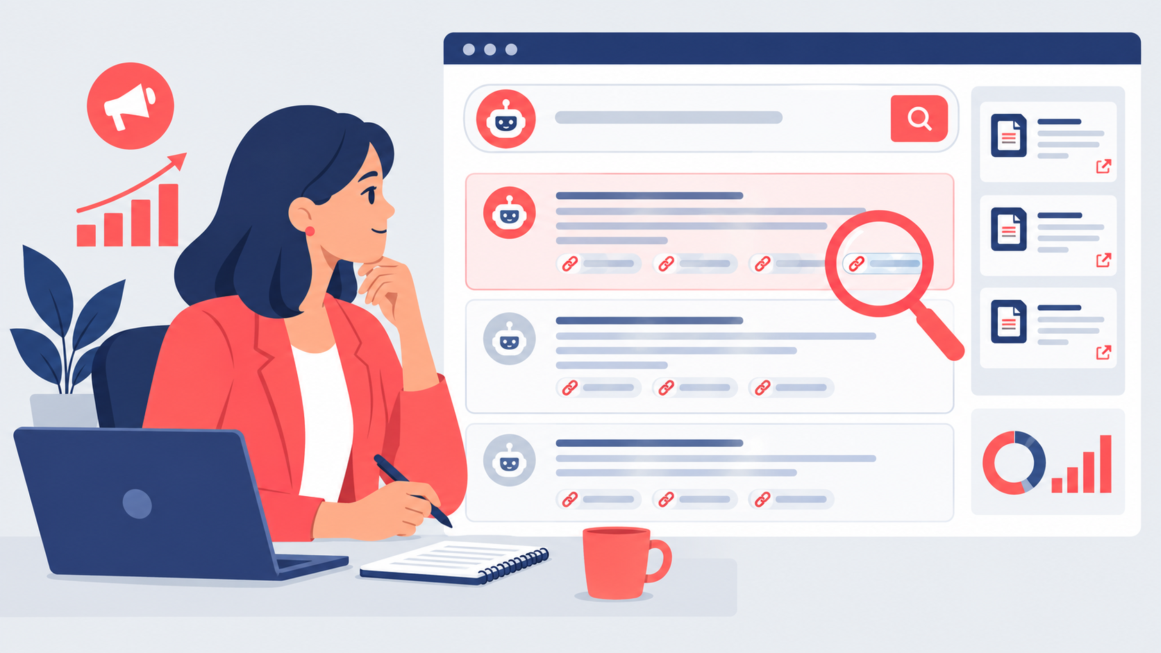 AI SEO UK guide — illustration of a marketing director reviewing AI search citations on a dashboard