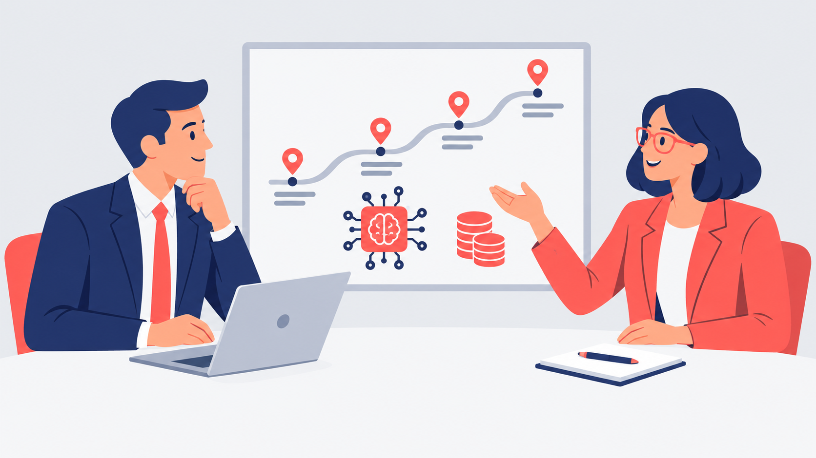 AI strategy consulting cost UK — illustration of a managing director and an AI adviser reviewing a costed AI roadmap