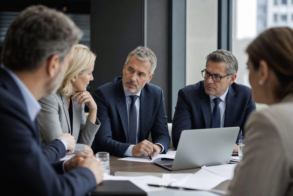 UK company directors in serious boardroom discussion about governance and compliance