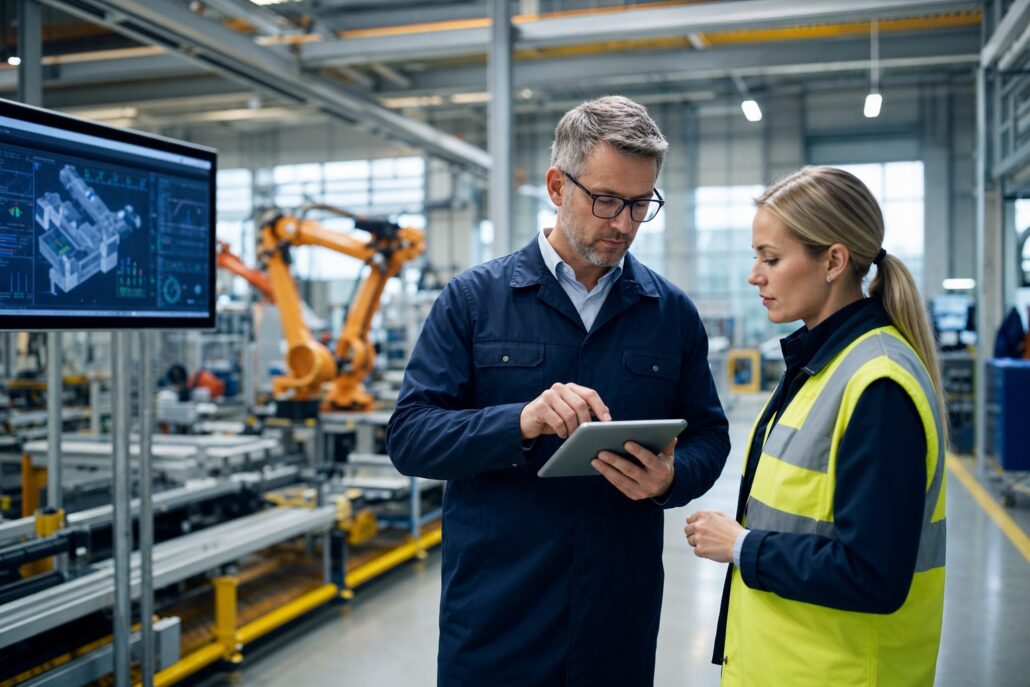 UK manufacturing engineer and worker reviewing automated production process on a tablet