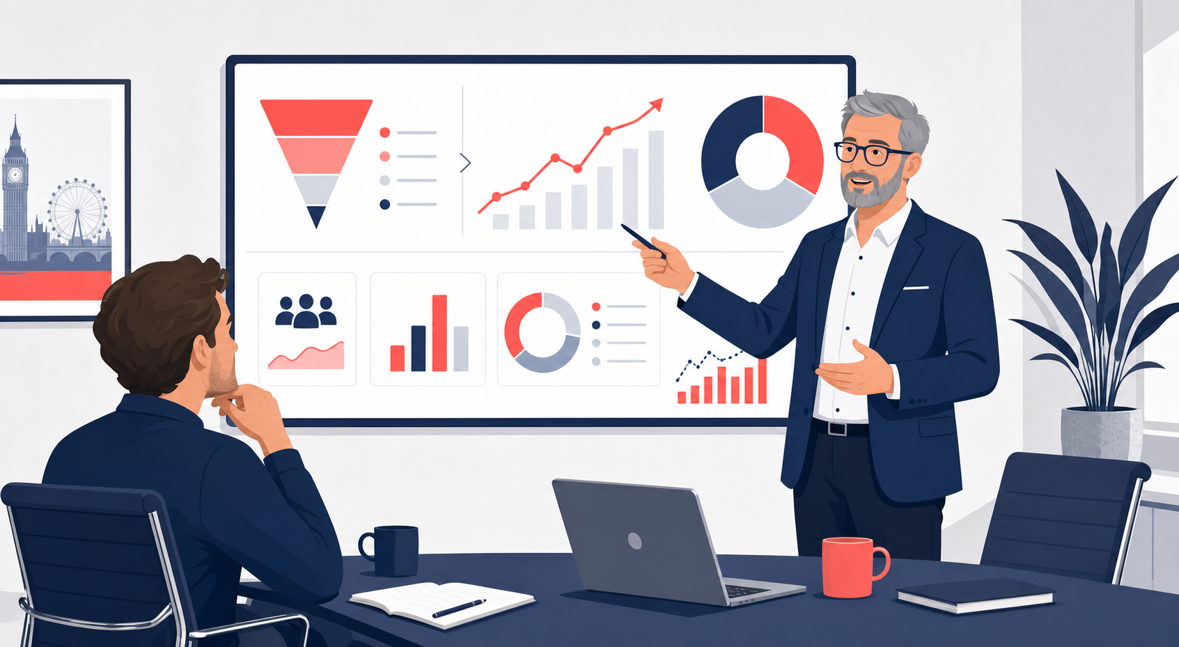 Chief marketing manager vs CMO UK — senior marketing leader presenting strategy and KPI dashboard