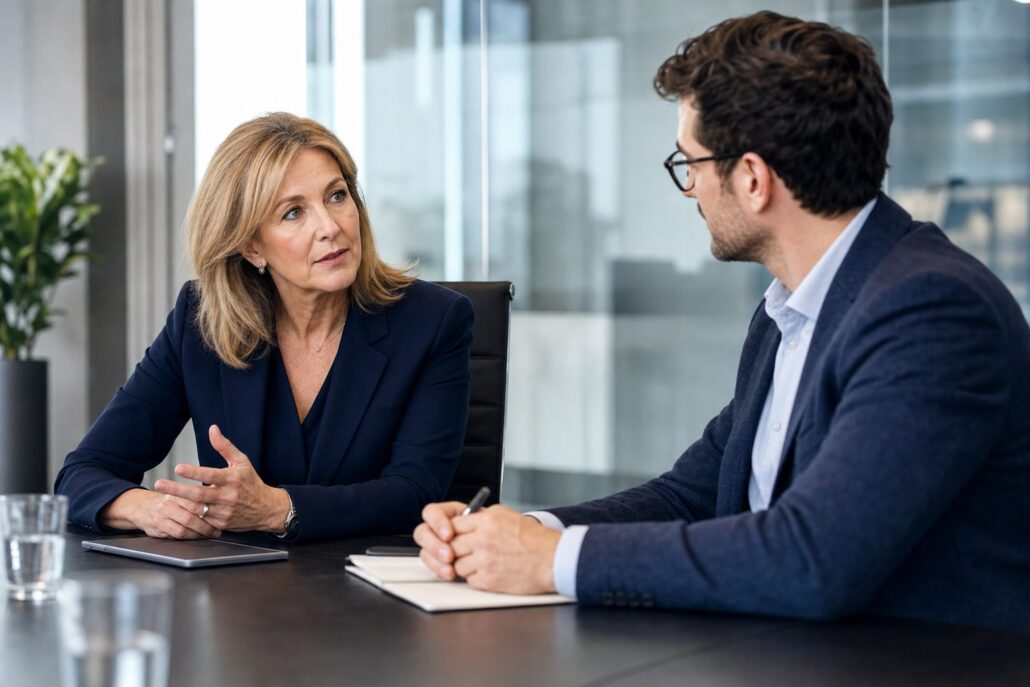 Senior CMO and Head of Marketing in strategic discussion in UK boardroom