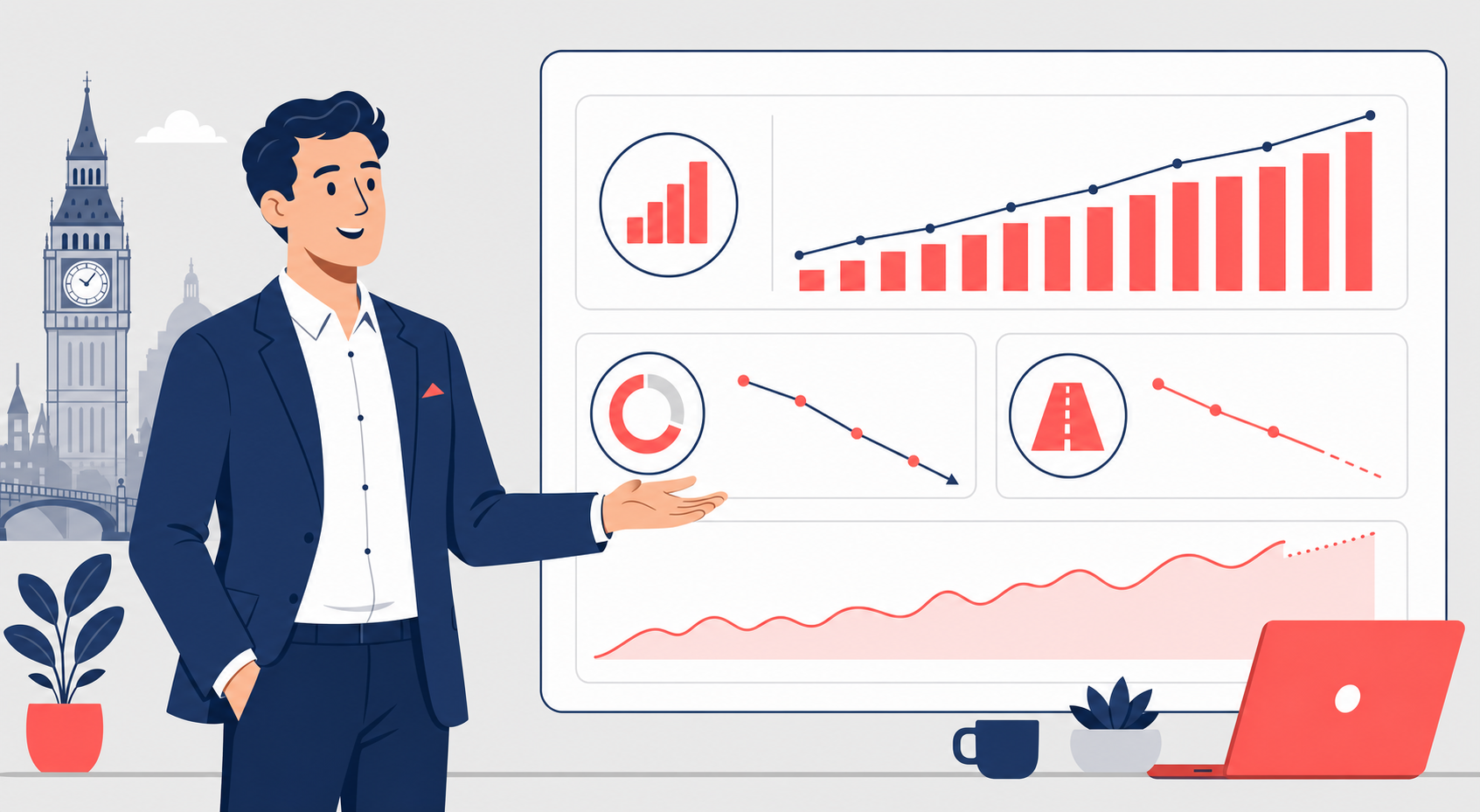 Fractional CFO for SaaS UK — illustration of a finance director reviewing ARR, churn and runway on a dashboard