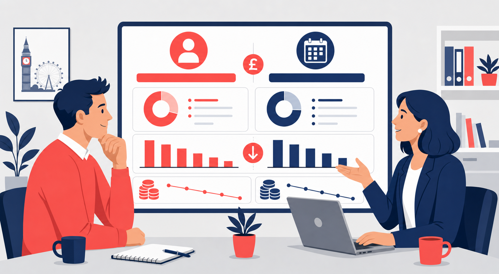 Fractional CFO vs full-time CFO cost UK — a business owner and finance leader reviewing a cost dashboard