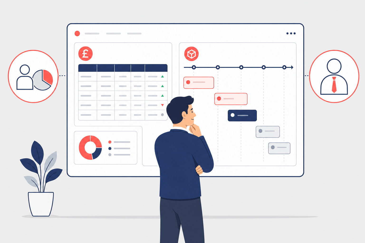 Fractional CTO vs full-time CTO cost (UK) — illustration of a technology leader comparing budgets and a roadmap dashboard