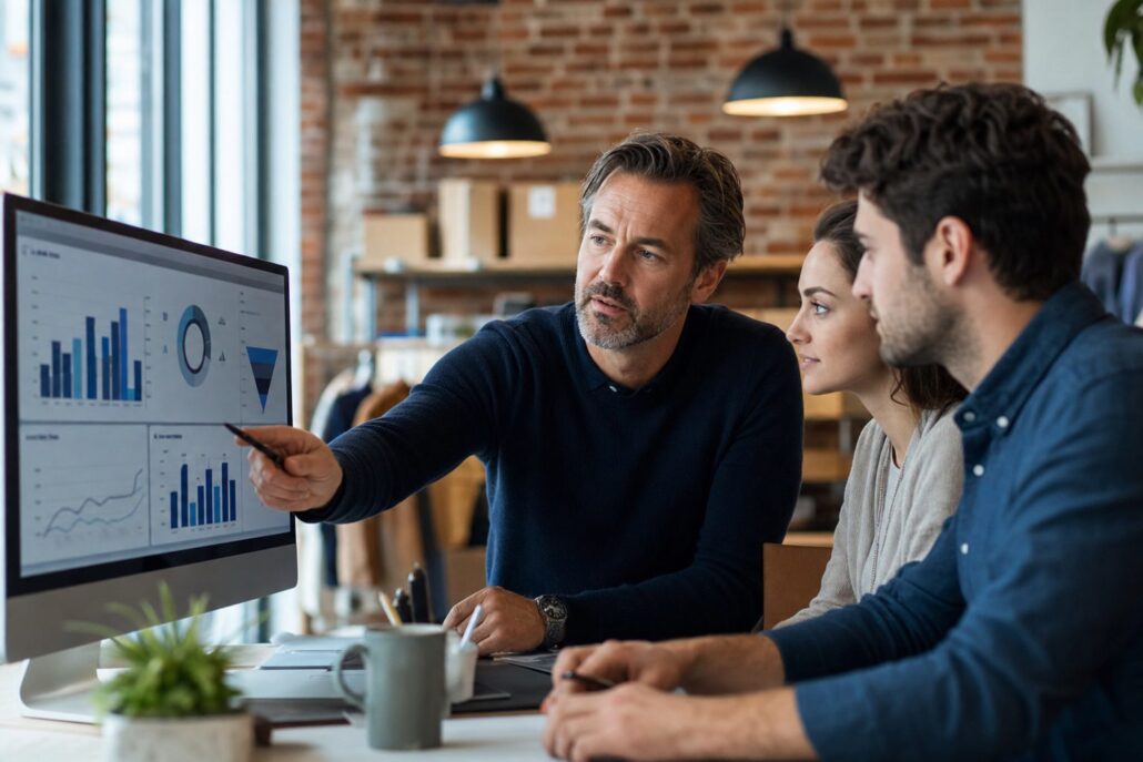 Senior fractional director reviewing e-commerce growth dashboards with a UK online retail team