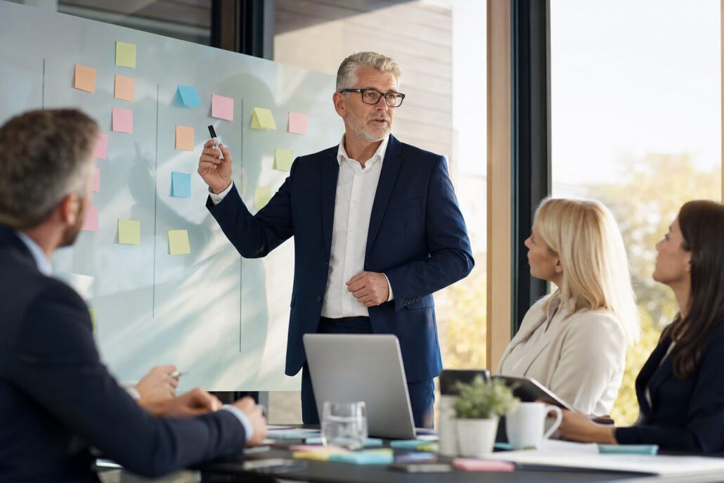 Senior UK fractional executive presenting a 30-60-90 day plan on a glass whiteboard to a CEO and team