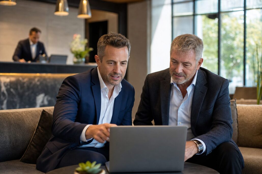 UK boutique hotel manager and senior advisor reviewing occupancy data on a laptop in a hotel lobby