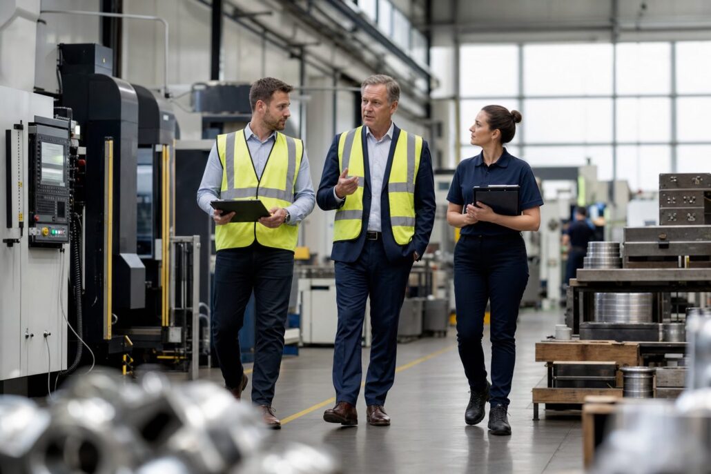 Senior fractional director walking a UK manufacturing factory floor with operations and finance team