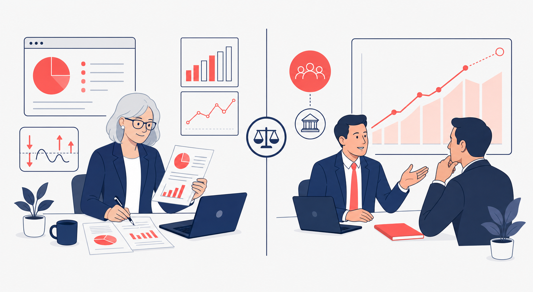 Fractional FD vs fractional CFO UK — illustration of two finance leaders comparing dashboards and funding plans