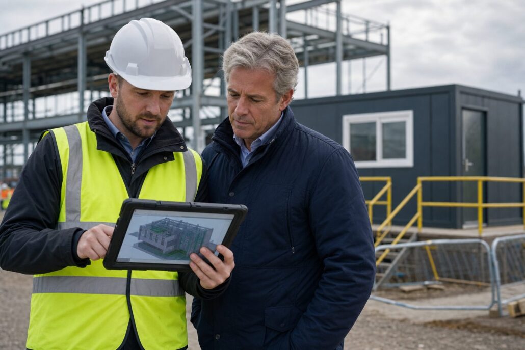 UK construction site manager in hi-vis reviewing a BIM model on a tablet with a senior business advisor