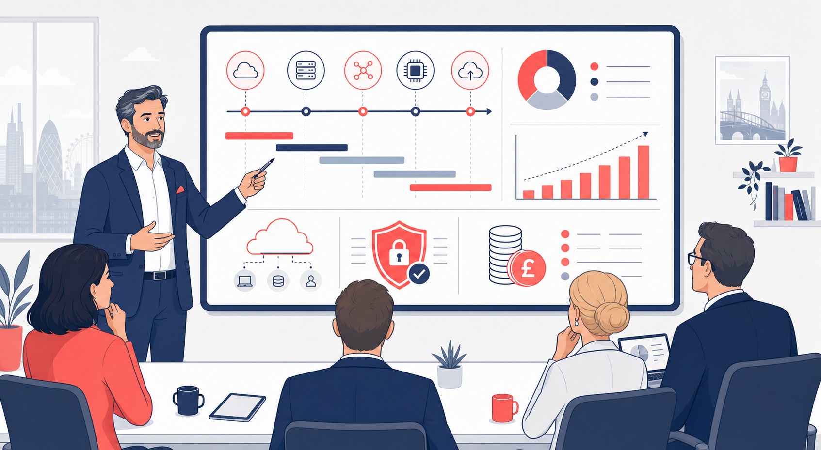 How much does a CTO cost UK — a technology leader presenting a budget and roadmap on a dashboard