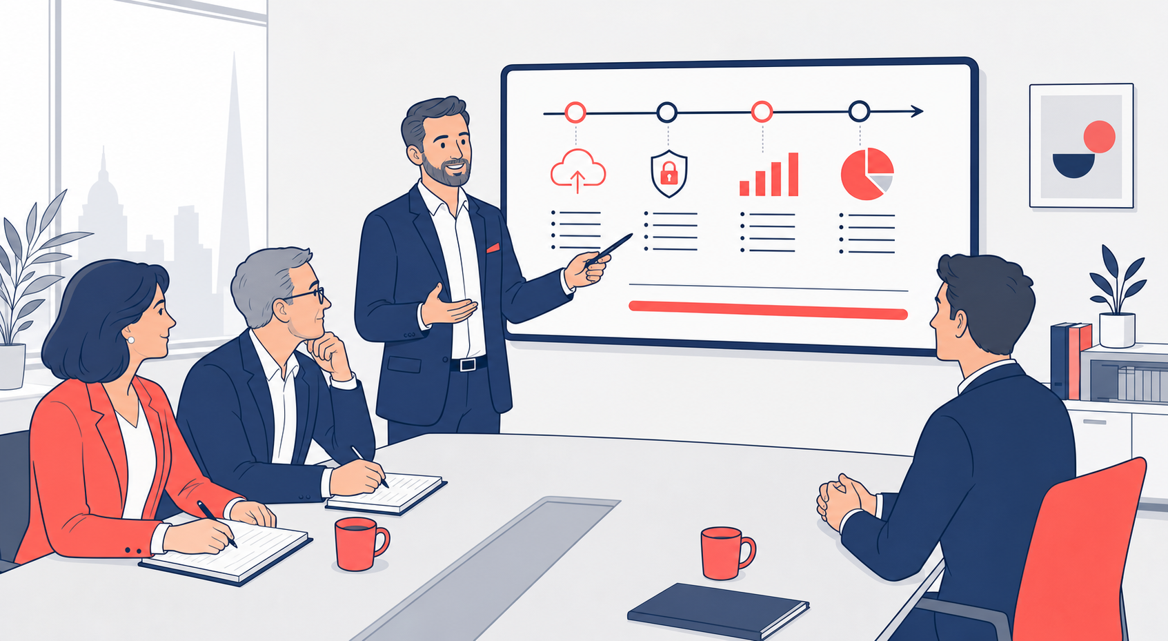 How to hire a fractional CIO UK — illustration of a technology leader presenting an IT roadmap in a boardroom interview