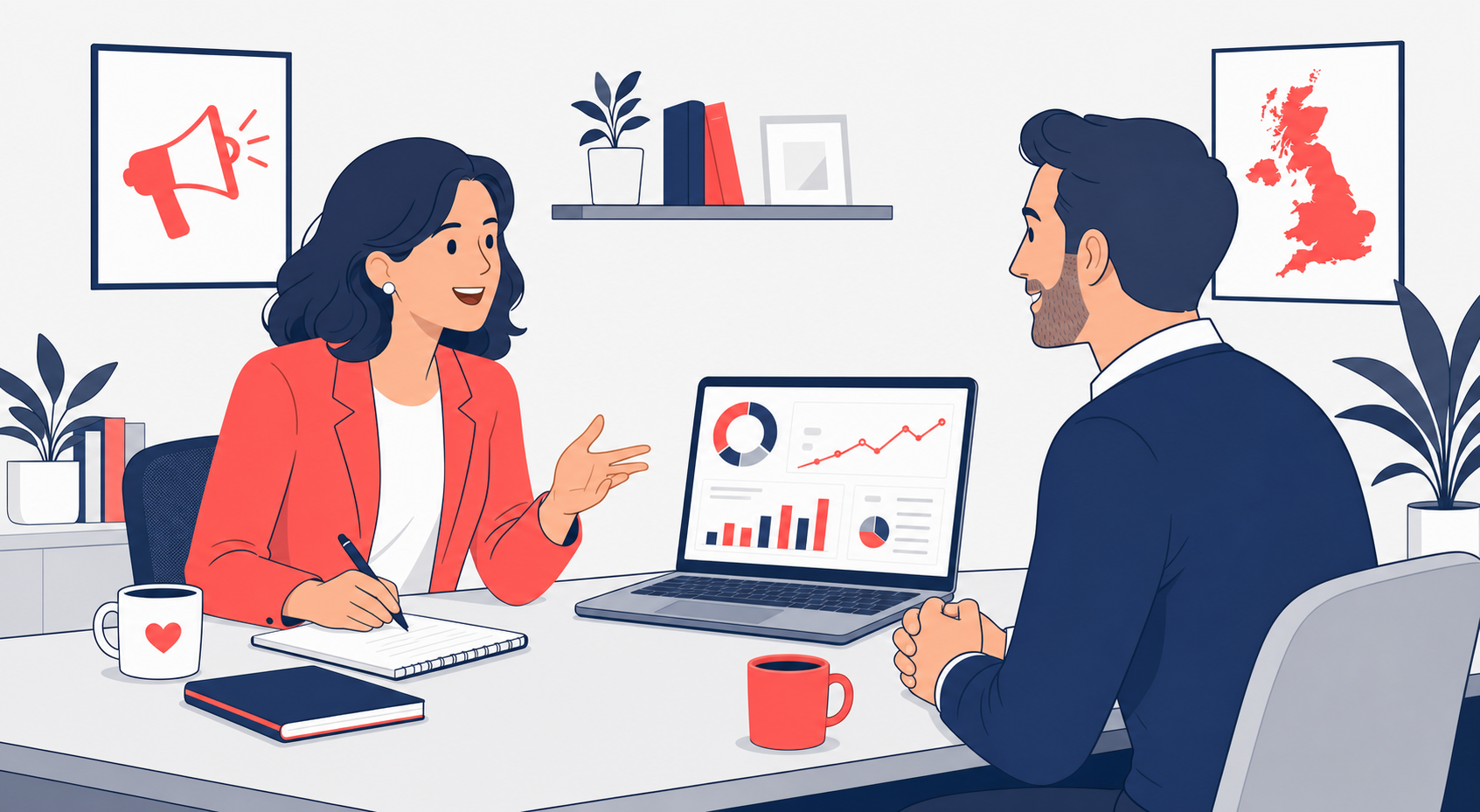 How to hire a part-time CMO in the UK — business owner interviewing a marketing director over campaign dashboard charts