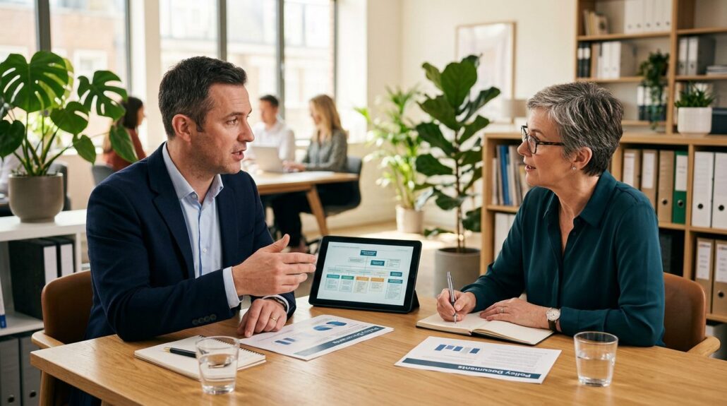 UK SME owner discussing HR strategy with senior fractional HR director in modern office