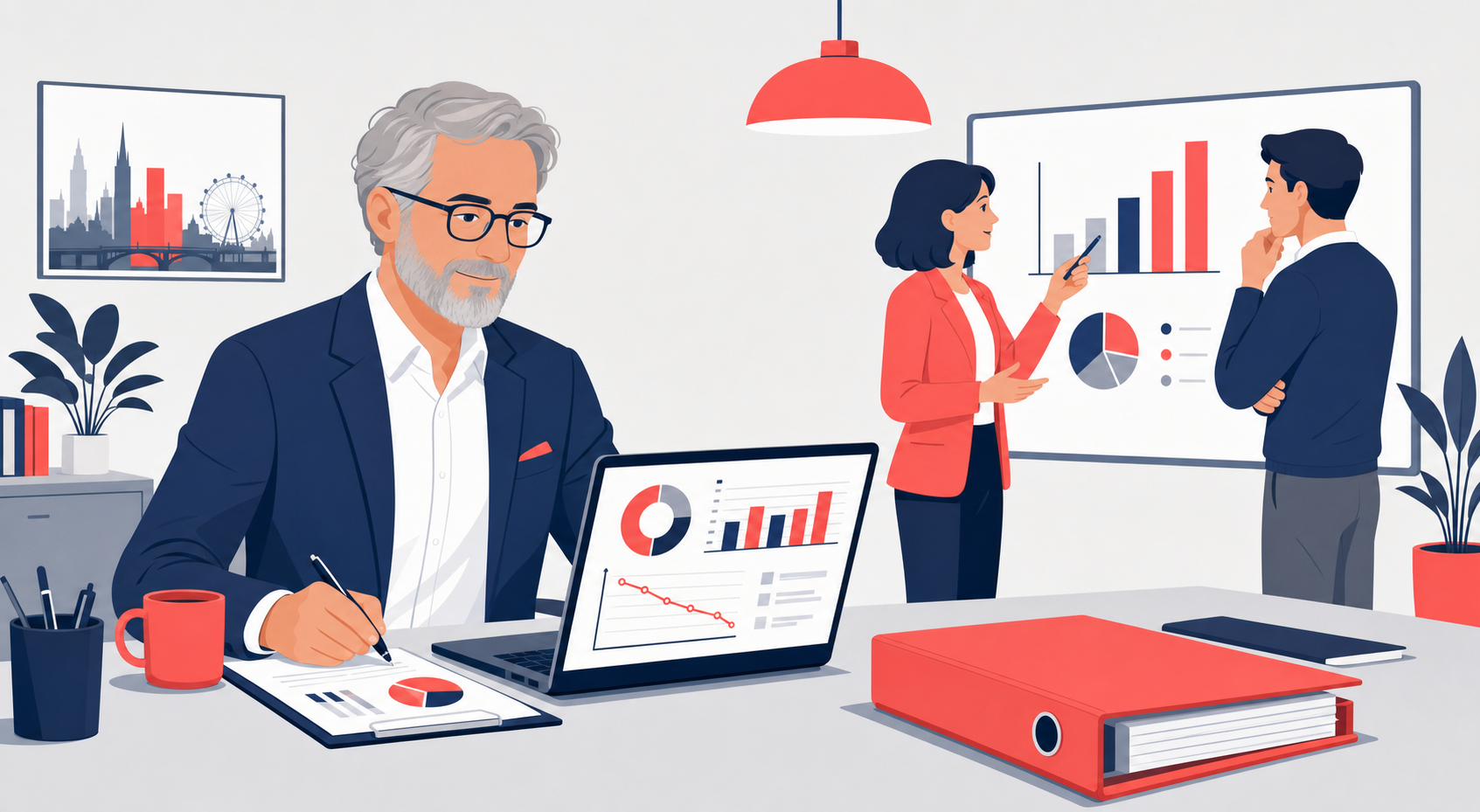 Interim CFO for fundraising UK — illustration of a finance leader preparing investor-ready financials and cash runway charts