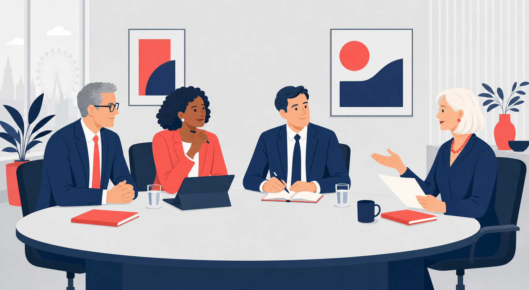 Non-executive board director UK — illustration of a board member contributing independent challenge at a UK SME board table