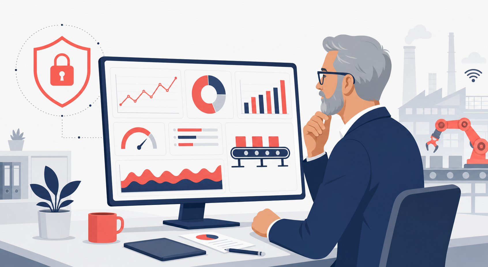 Part-time CIO for manufacturing — illustration of a technology leader reviewing factory systems, cybersecurity and production data