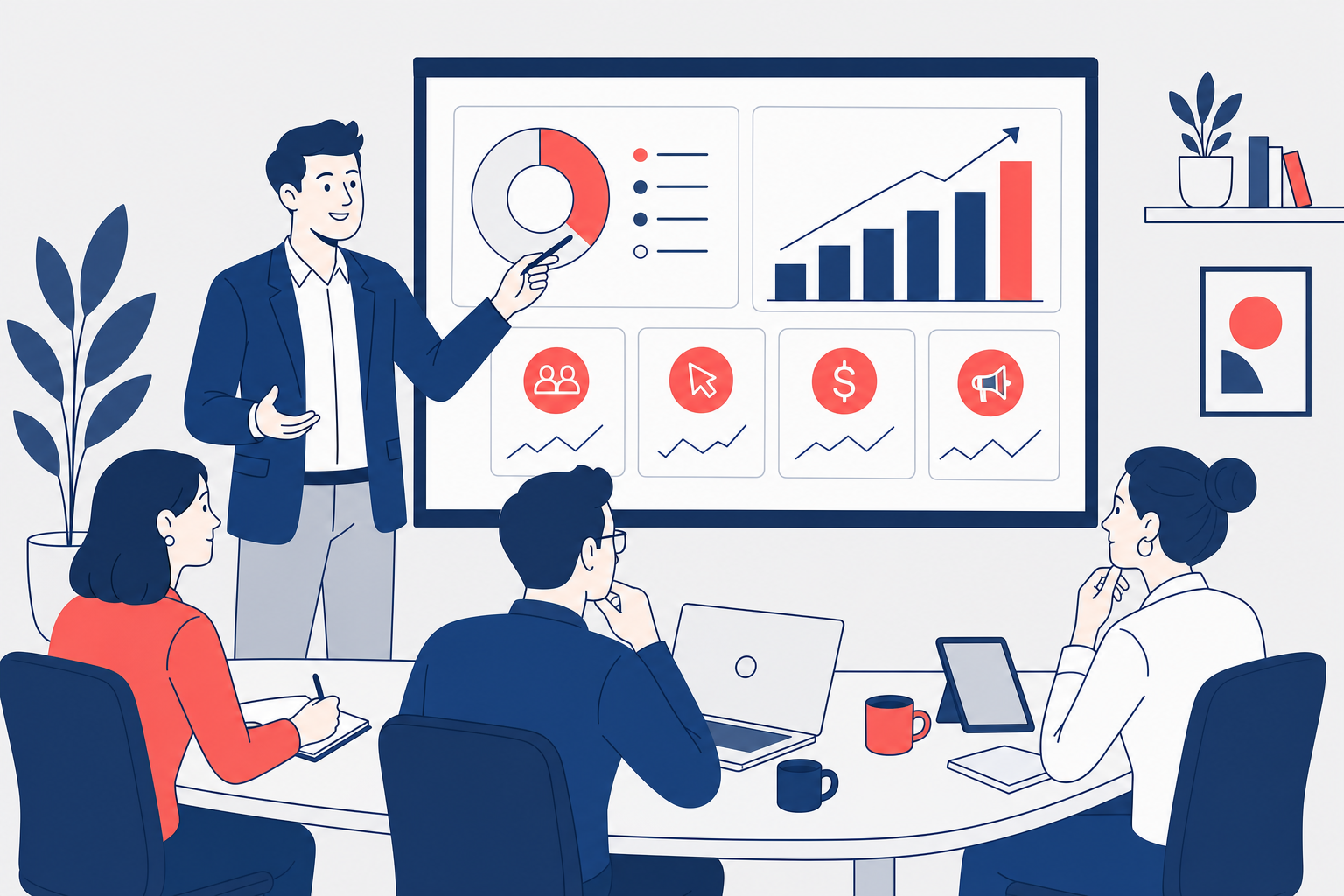 Part-time CMO cost UK 2026 — marketing director presenting a budget and KPI dashboard to a leadership team