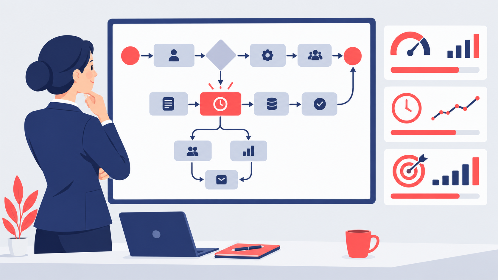 Process mining UK guide — illustration of an operations director reviewing a process flow map with bottlenecks highlighted