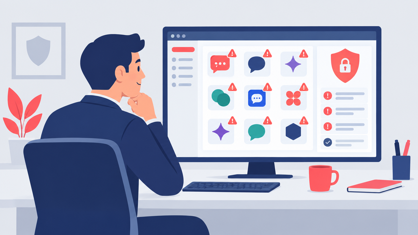 Shadow AI in UK businesses — illustration of an IT director reviewing unapproved AI tool alerts on a security dashboard