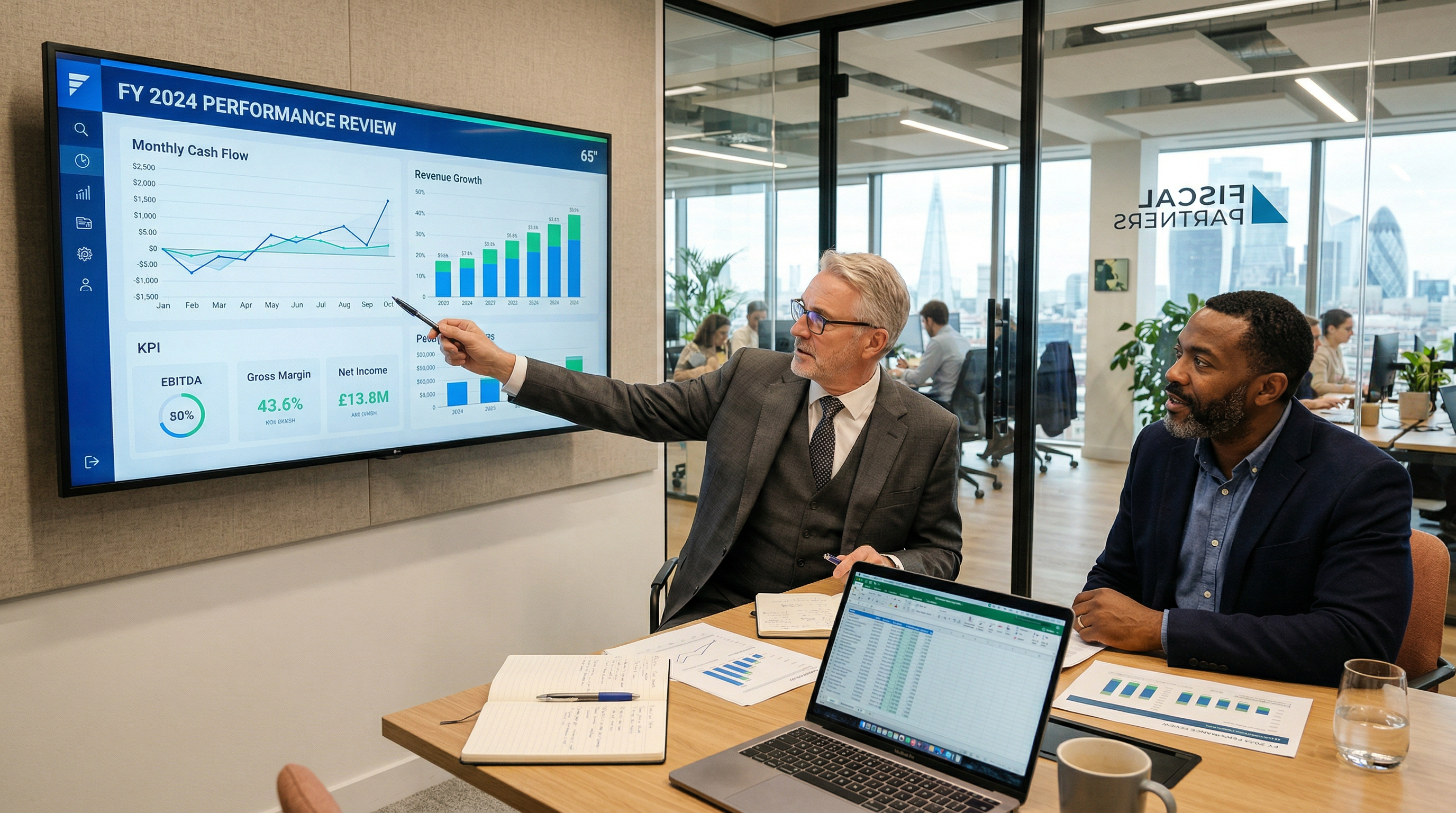 A fractional CFO reviewing financial reports with a UK business owner in a modern office