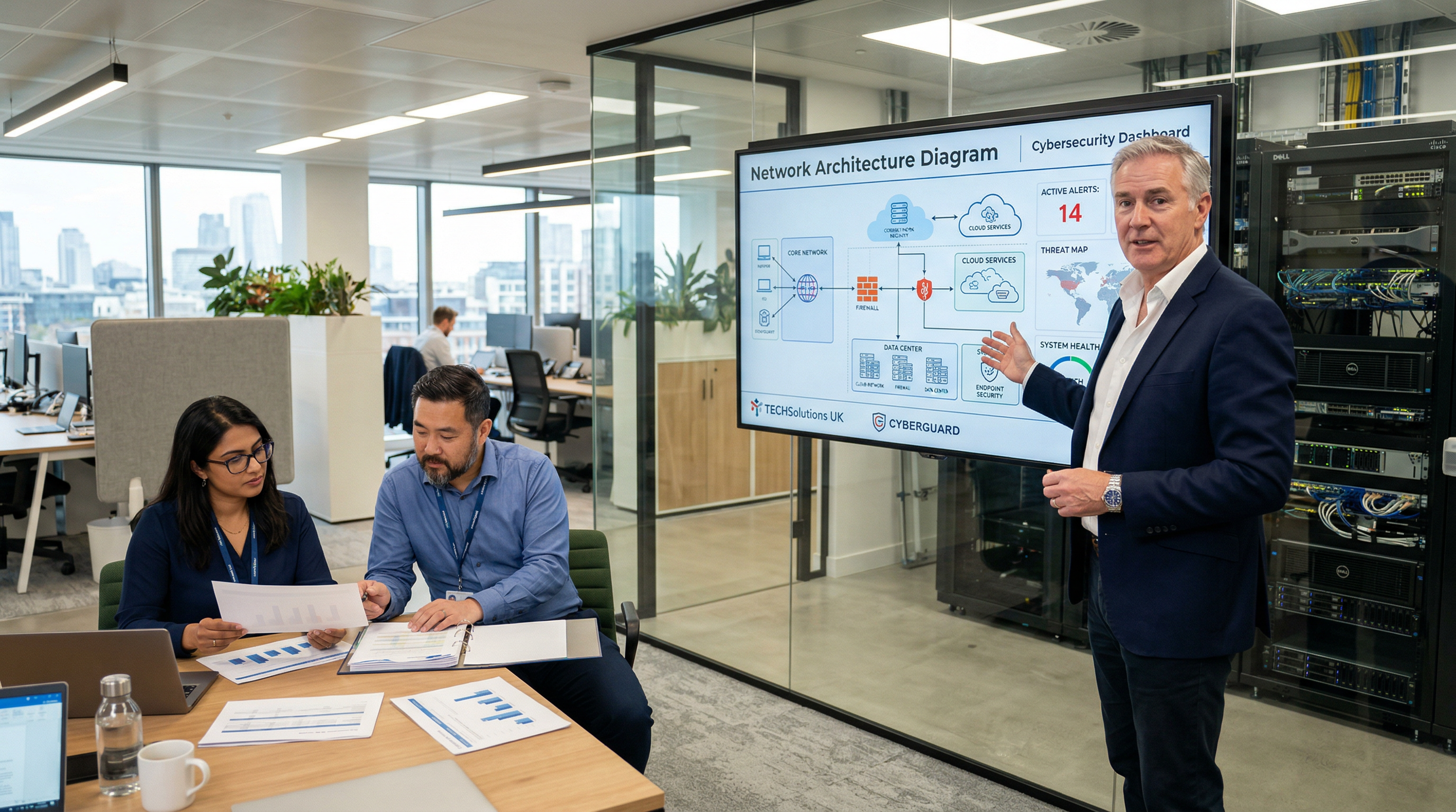 A fractional IT director reviewing technology strategy with colleagues in a modern UK office