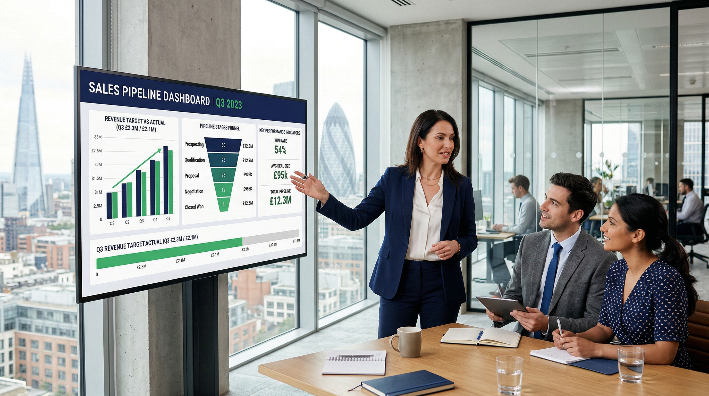 A fractional sales director reviewing pipeline performance with colleagues in a modern UK office