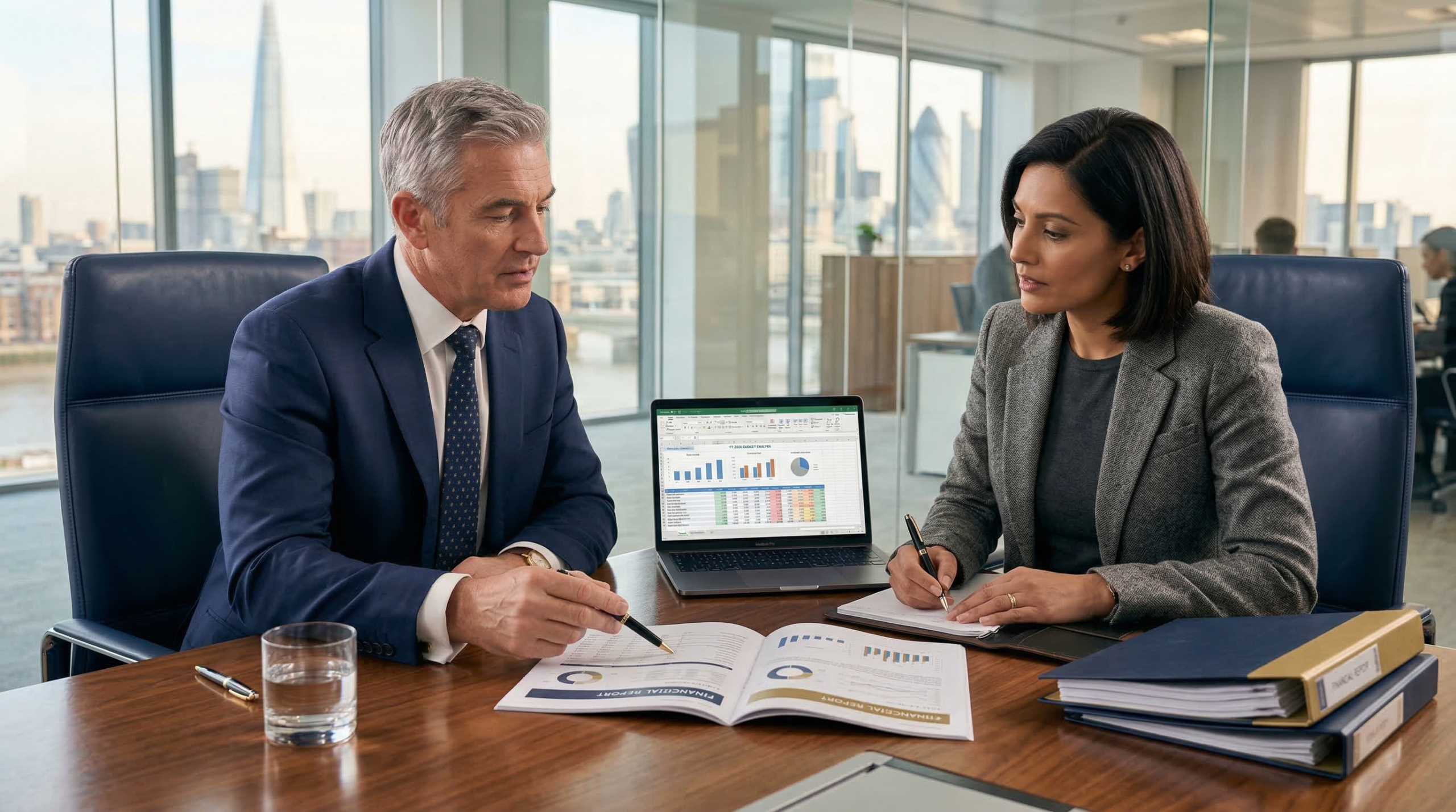 Interim finance director reviewing financial reports with a UK business executive