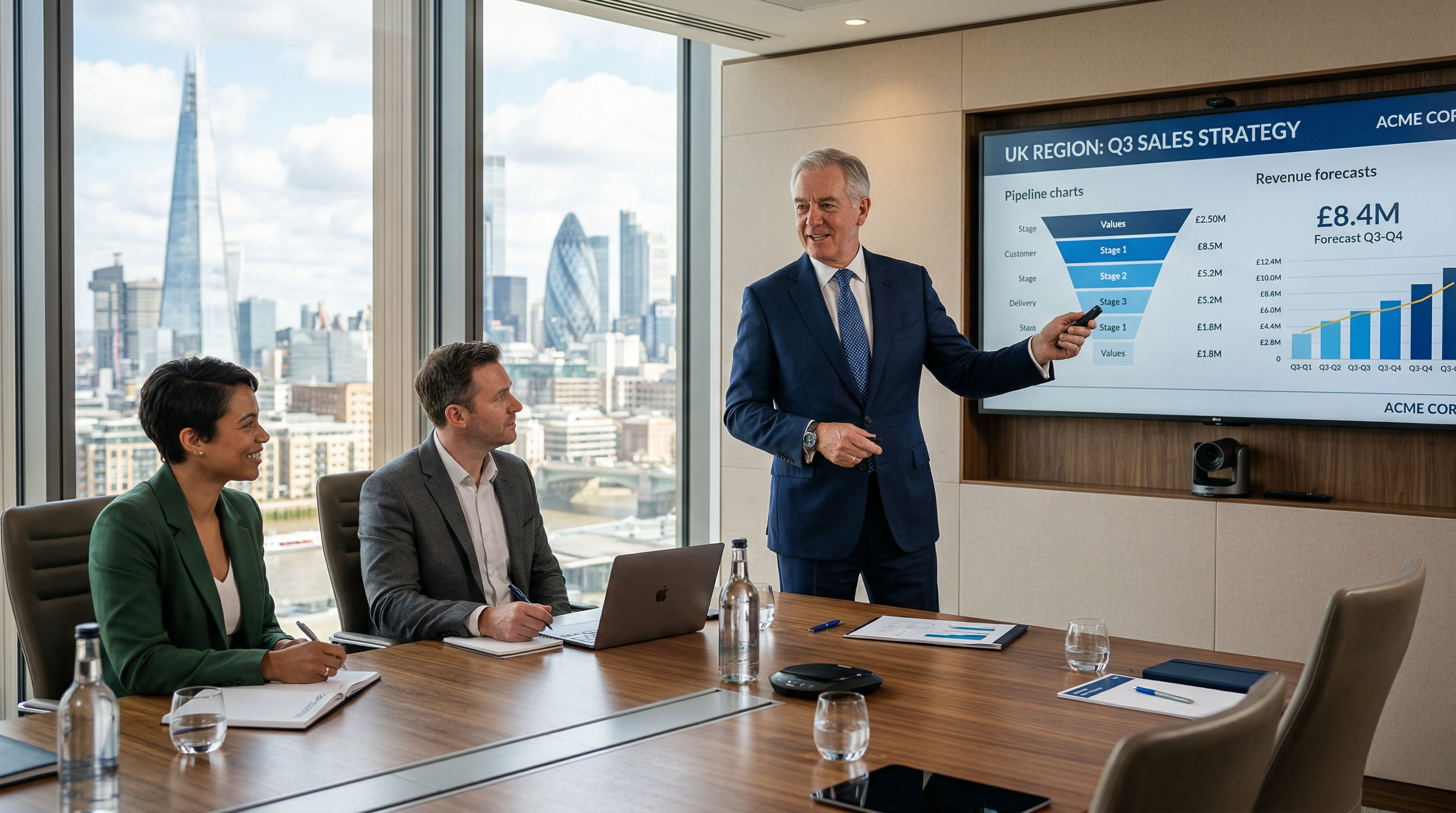 An interim sales director leading a strategy session with a UK business team in a modern boardroom