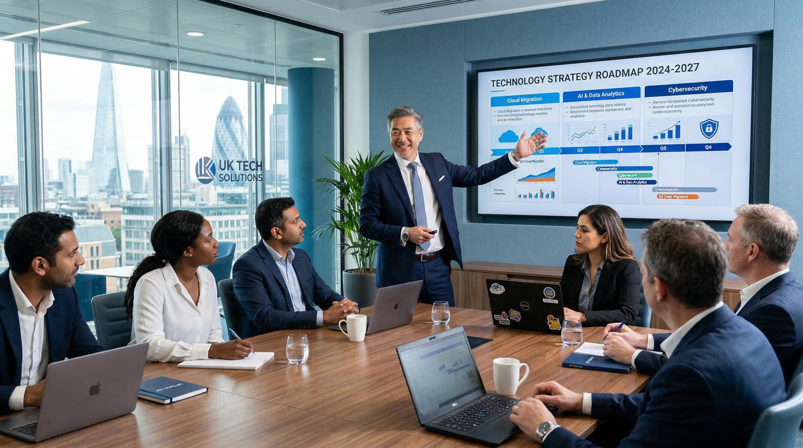 IT director leading a technology strategy meeting in a modern UK boardroom