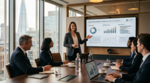 Outsourced marketing director presenting strategy to UK business executives in a modern boardroom