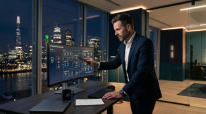 Part-time CTO reviewing system architecture diagrams in a modern UK office