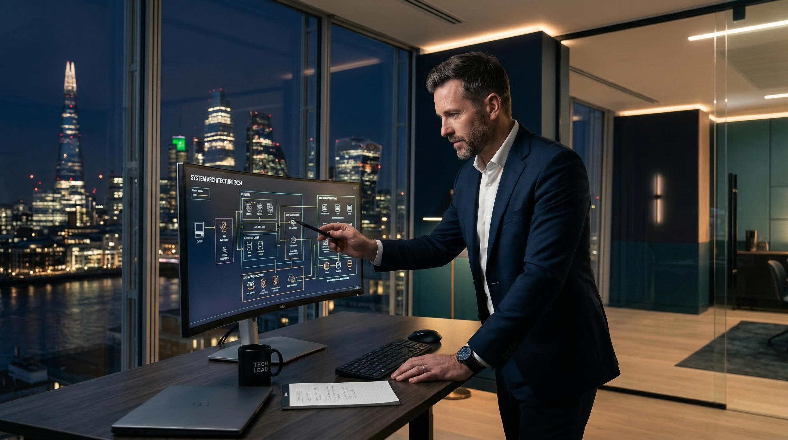 Part-time CTO reviewing system architecture diagrams in a modern UK office