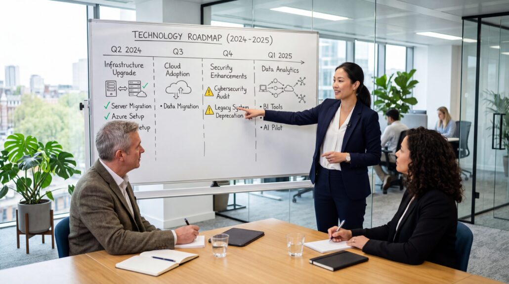 A part-time IT director reviewing technology infrastructure with a UK business team