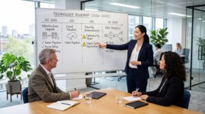 A part-time IT director reviewing technology infrastructure with a UK business team