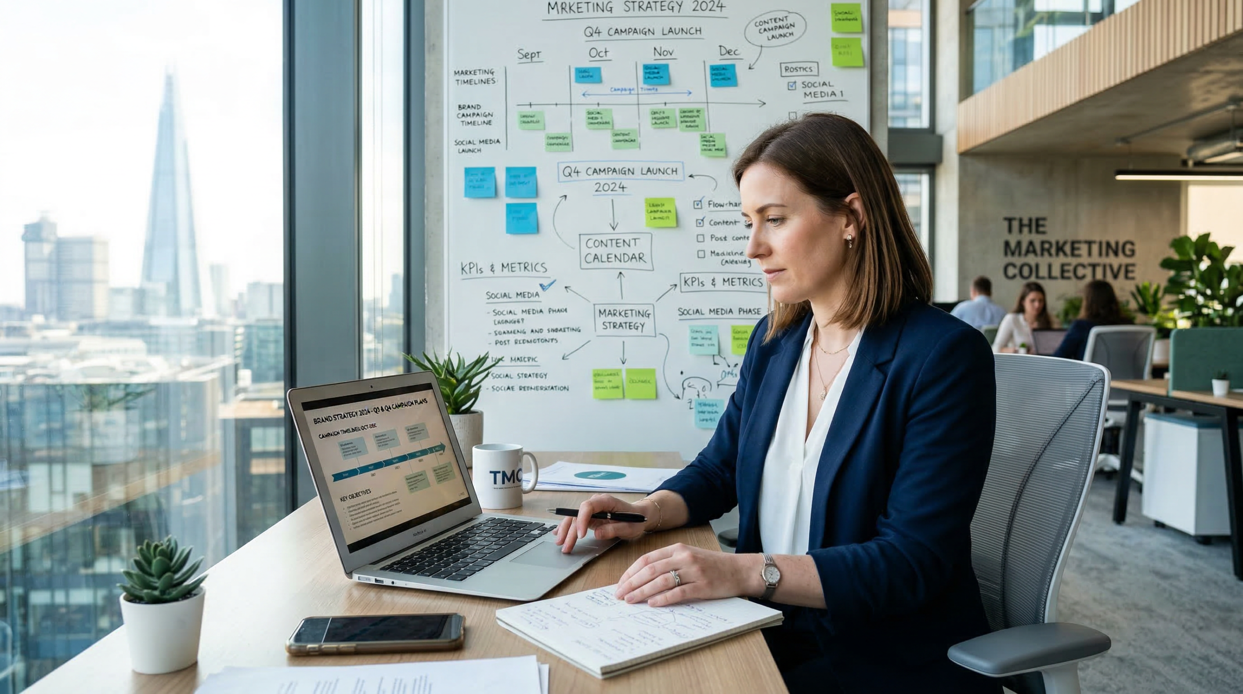 Part-time marketing director reviewing brand strategy and campaign plans in a modern UK office