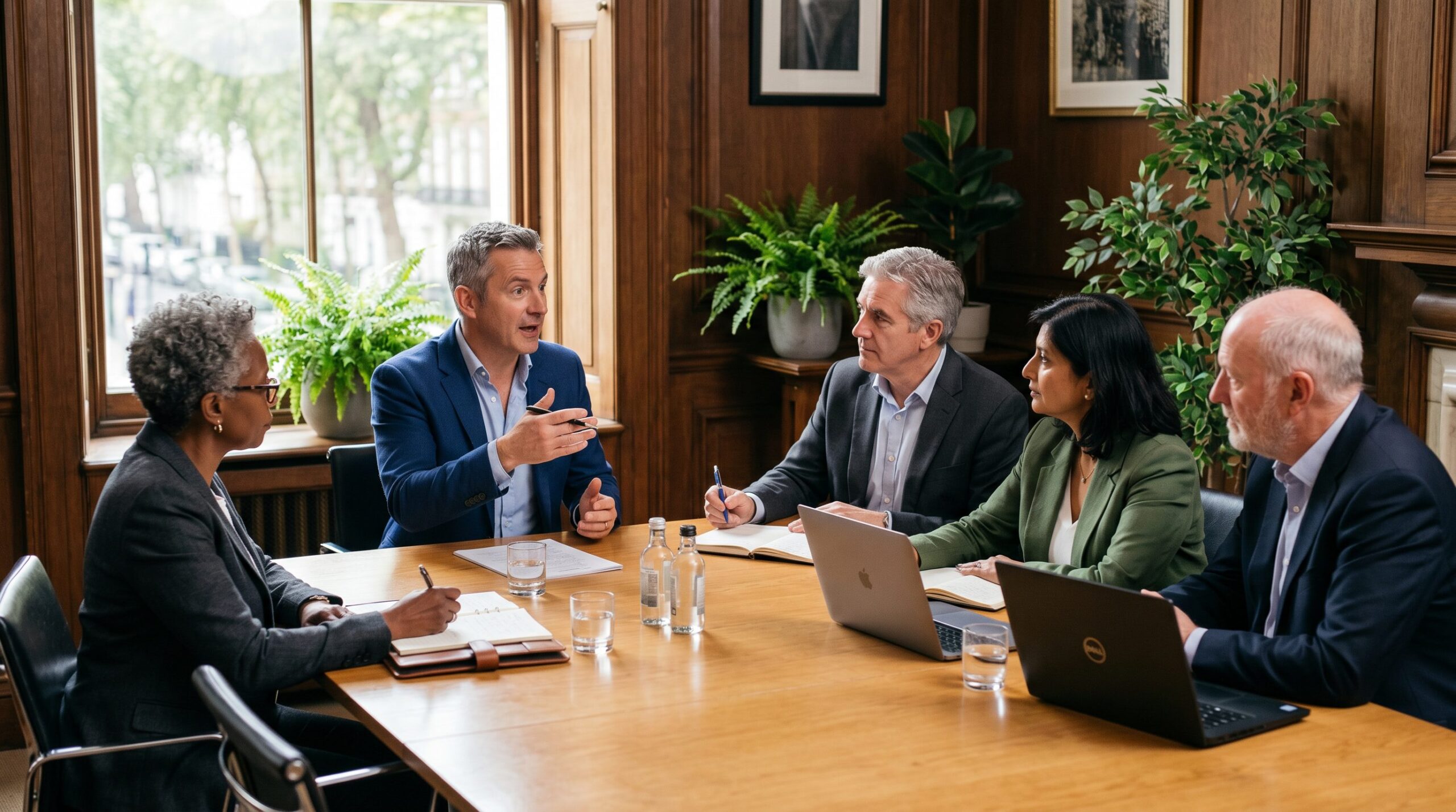 UK SME founder running an advisory board meeting with experienced external advisors in a traditional boardroom