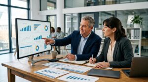 UK SME owner reviewing financial health KPI dashboard with senior part-time finance director