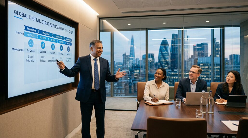 A CIO reviewing technology strategy dashboards with a UK SME leadership team