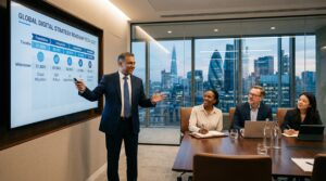 A CIO reviewing technology strategy dashboards with a UK SME leadership team