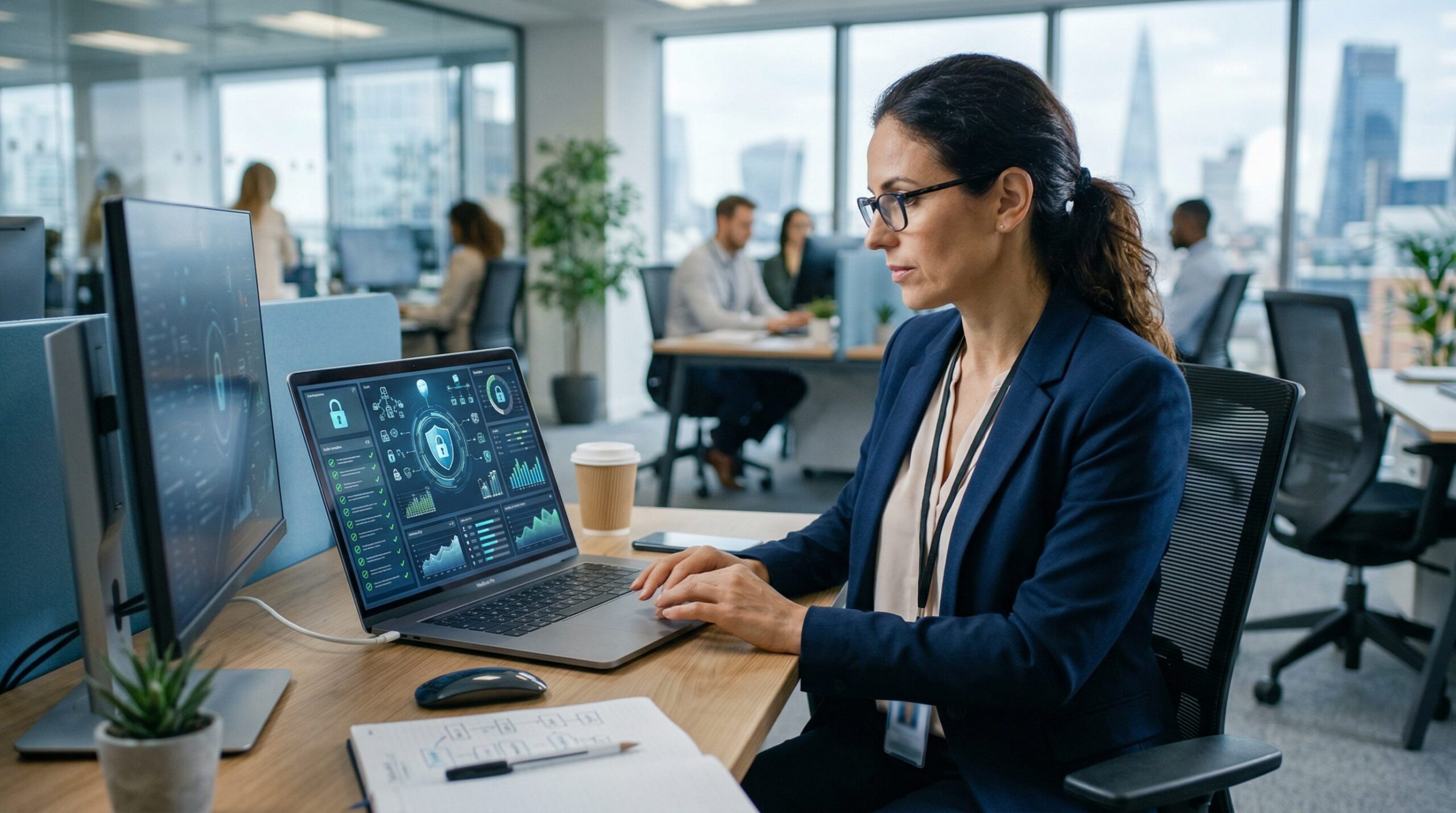 IT audit team reviewing security compliance in a UK SME office