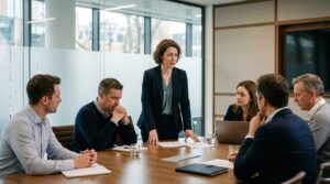 Fractional HR director leading a restructuring meeting with team