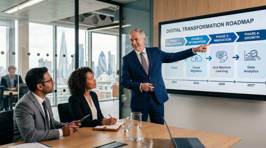 A business leader reviewing a digital transformation roadmap on a screen in a modern UK office
