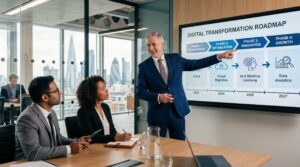 A business leader reviewing a digital transformation roadmap on a screen in a modern UK office