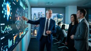 Fractional CISO UK presenting cyber risk dashboards to a senior leadership team in a London office