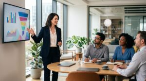 Fractional CMO UK presenting marketing strategy and funnel performance to a leadership team