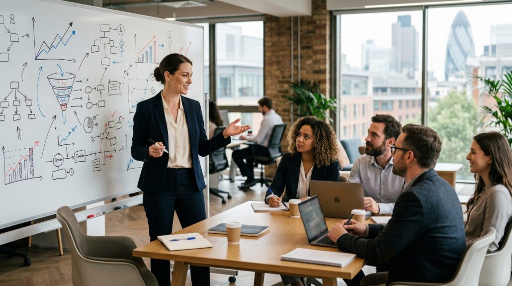 Fractional marketing director reviewing a growth strategy with a UK business team