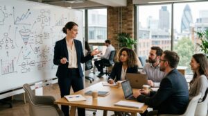 Fractional marketing director reviewing a growth strategy with a UK business team